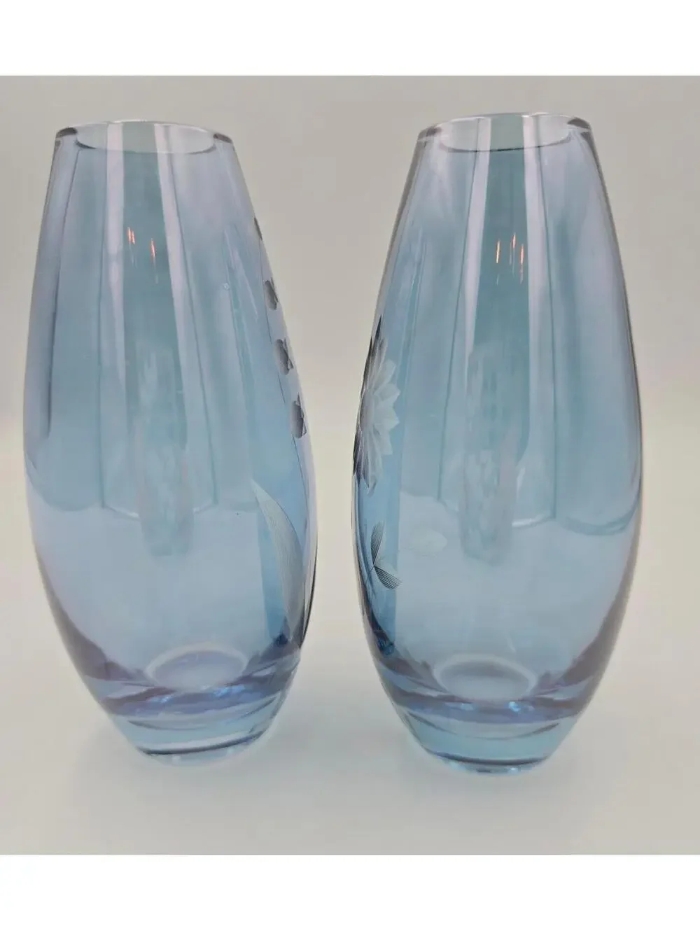 Vintage Pair Johan Fors Sweden Blue Glass Vases Etched Floral w/Original Sticker